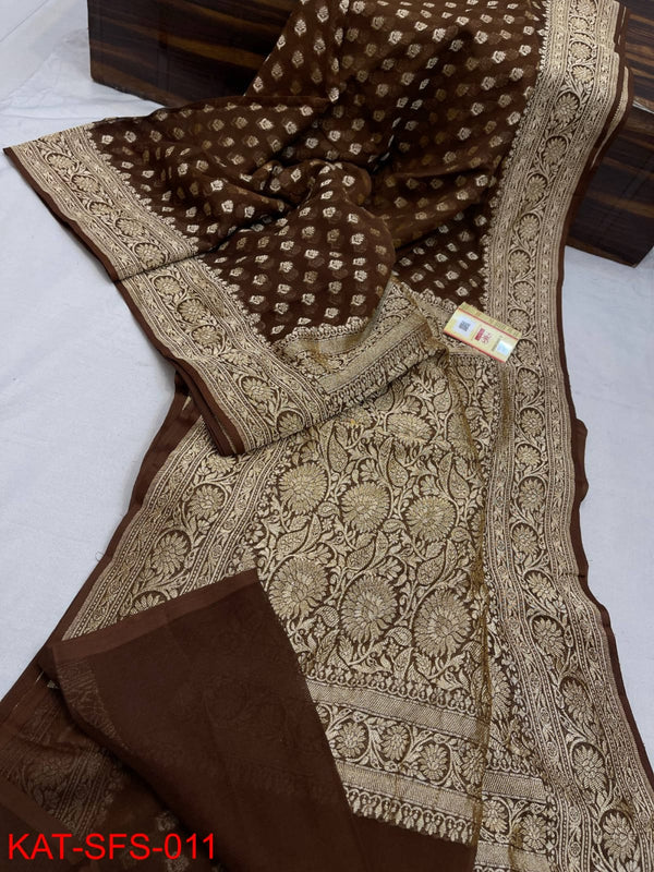 Pure Banarasi Handloom Khaddi Georgette Silk Saree With Zari Work ( length- 6.3 meter )