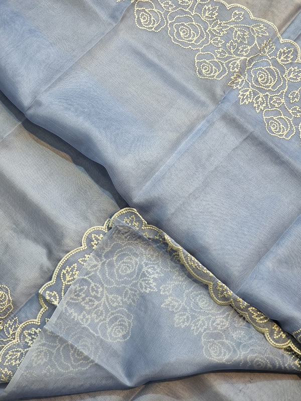 Pure Organza Silk Pearl Embroidery Cutwork Border Saree .