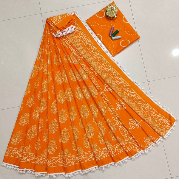 Pure Hand Block Cotton Sarees With Blouse