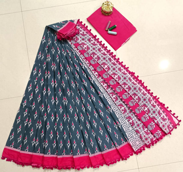 Pure Hand Block Cotton Sarees With Blouse