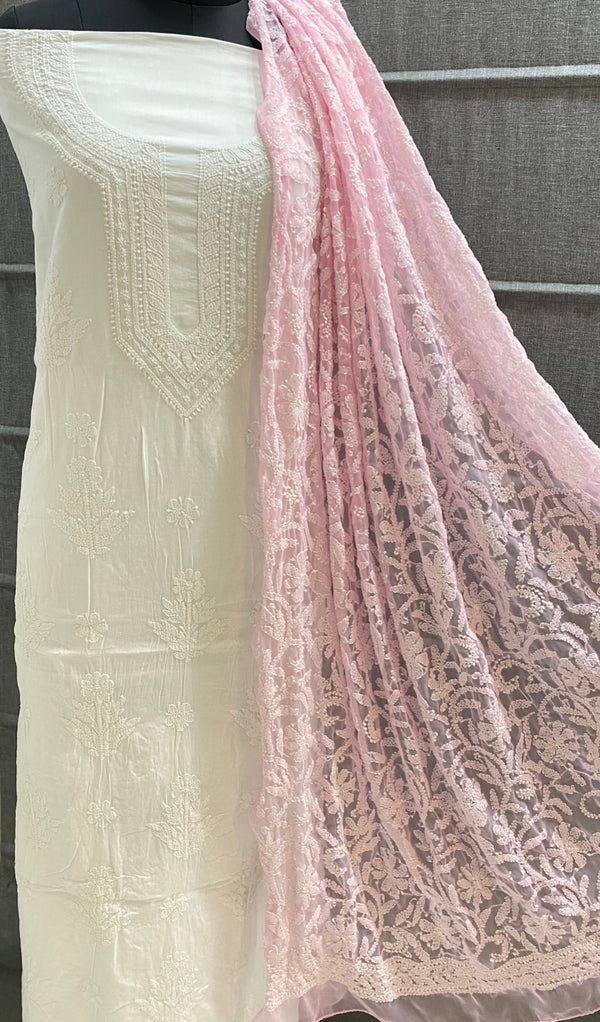 Pure MulMul Cotton Chikankari Unstitched Suit Chikankari Hand Embroidery Jaal Dupatta