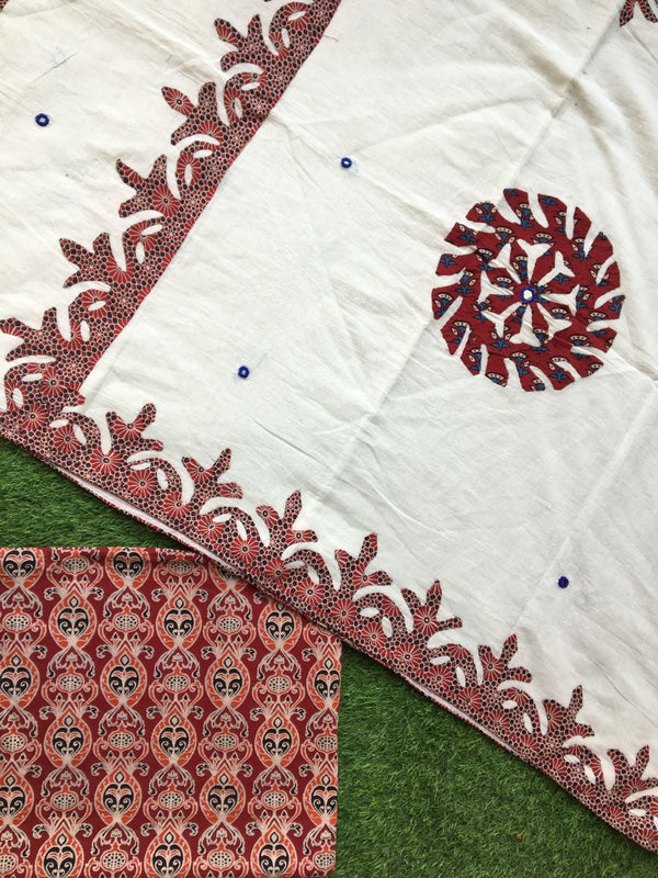 Pure Cotton Hand Block Azrak Print Unstitched Suit With Hand Work Azrak Patch Work Dupatta (With Out Bottom)