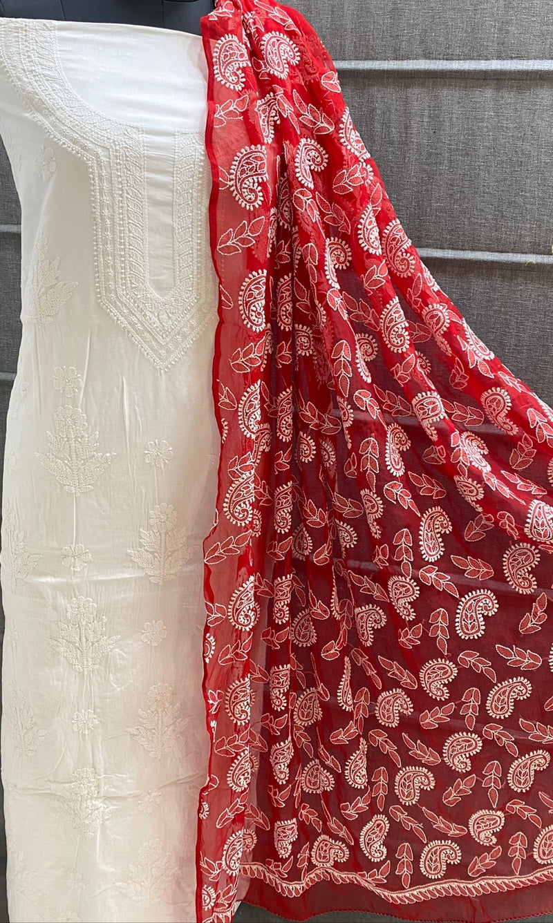 Pure MulMul Cotton Chikankari Unstitched Suit Chikankari Hand Embroidery Jaal Dupatta