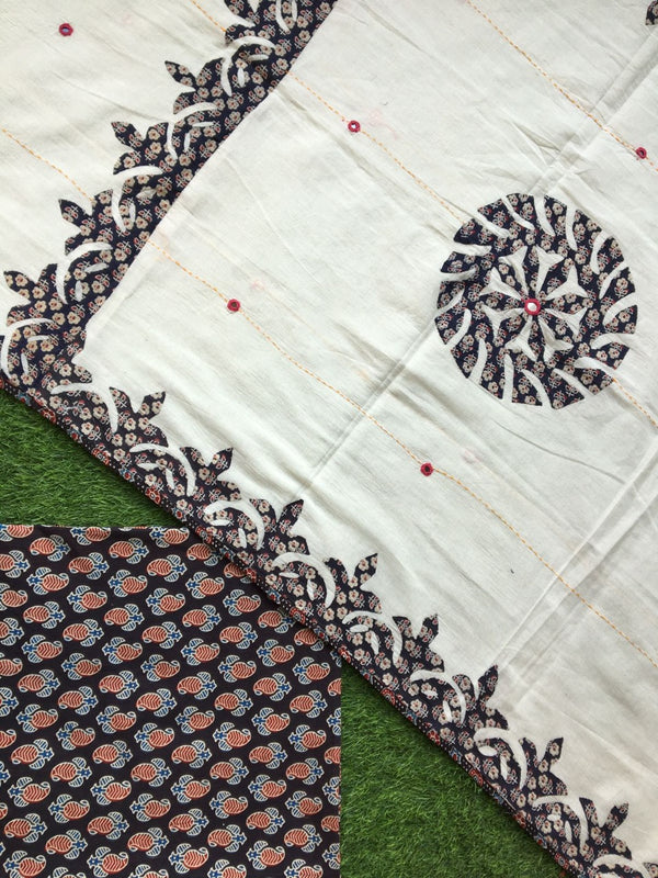 Pure Cotton Hand Block Azrak Print Unstitched Suit With Hand Work Azrak Patch Work Dupatta (With Out Bottom)