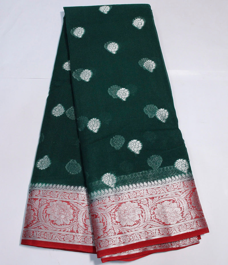 Pure Hand loom  Khaddi Chiffon Georgette Saree with Silver Zari Weaving blouse  ( length- 6.3 meter )