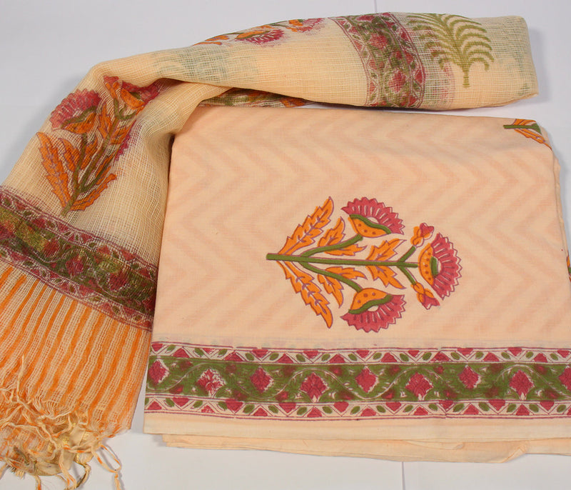 Pure Cotton  Hand Block Print Unstitched Suit With kota doriya Dupatta.