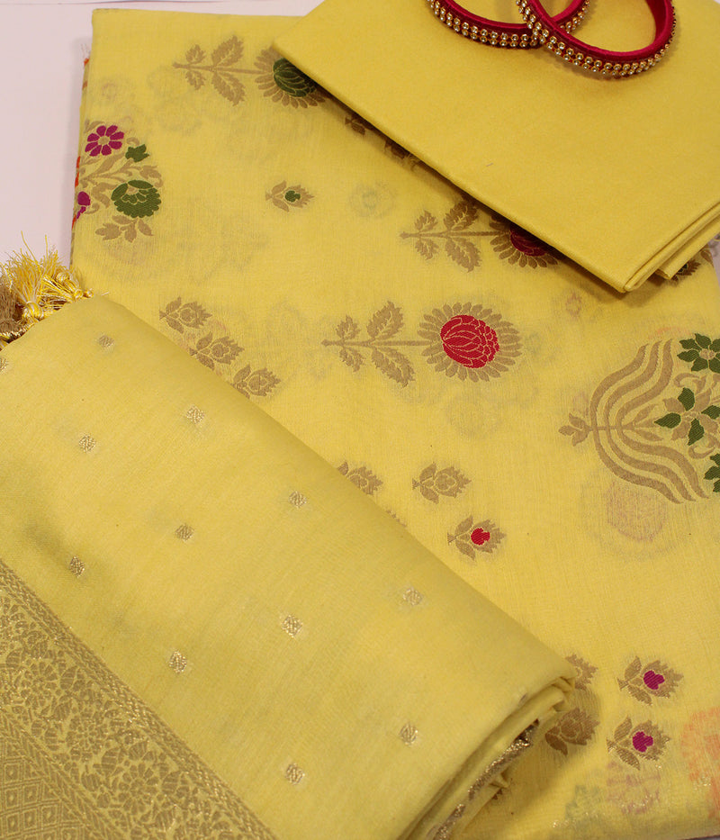 Banarasi Pure Silk Chanderi Meenakari Heavy Unstitched Suit With Digital Print Dupatta