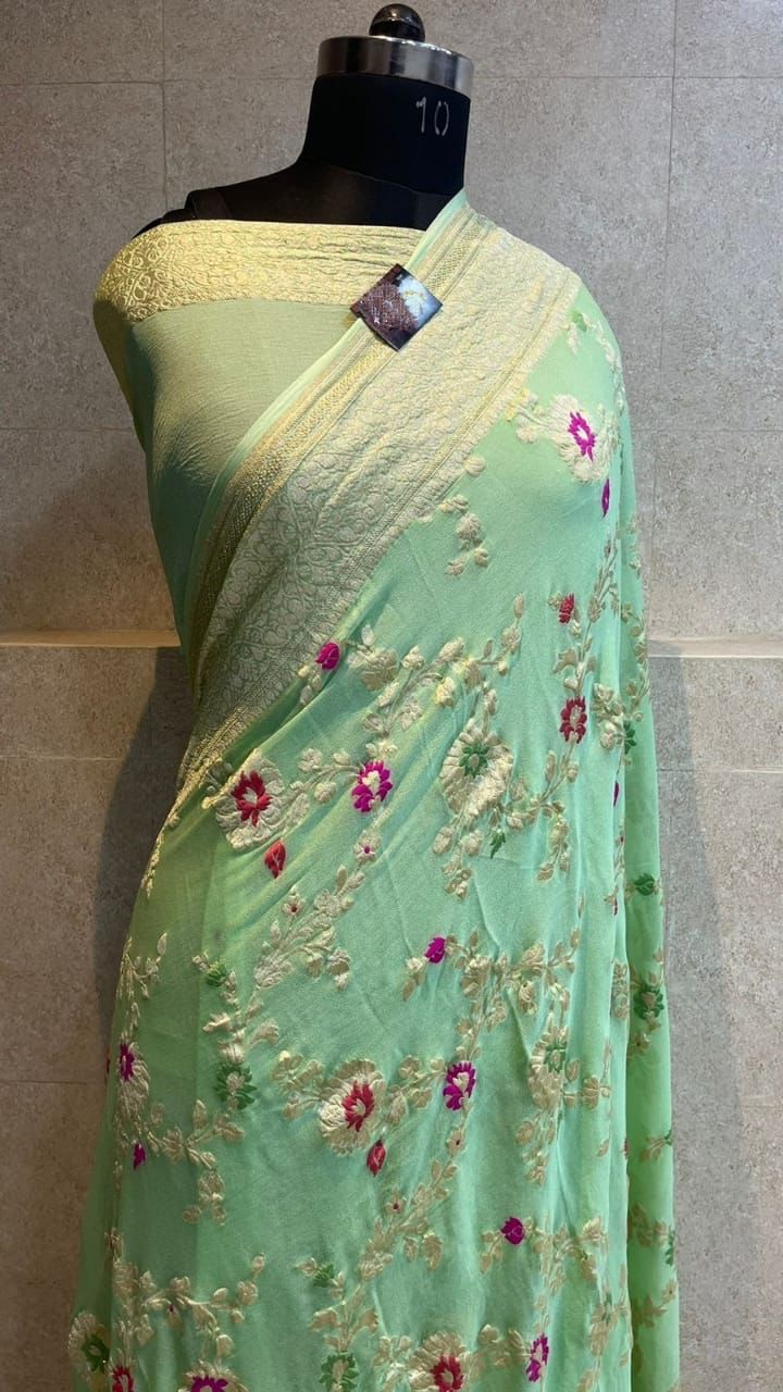 Pure Banarasi Handloom Khaddi Georgette Silk Saree With Beautiful Zari Work