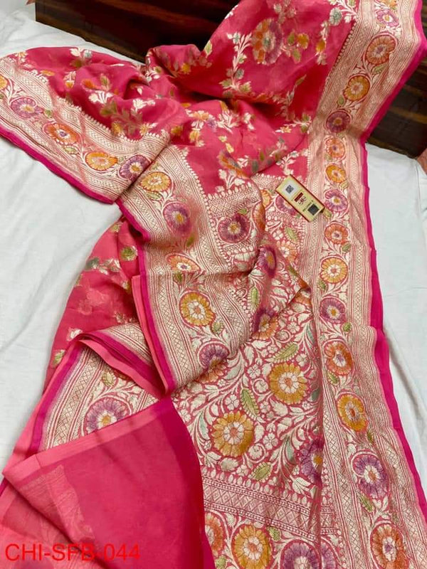 Pure Banarasi Handloom Khaddi Georgette Silk Saree With Water Zari Work ( length- 6.3 meter )