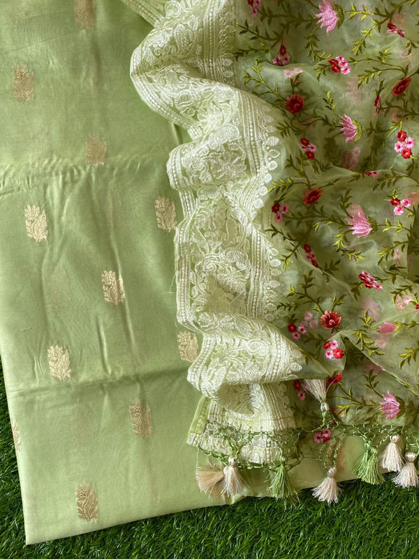 Pure Banarasi Resham Chanderi Silk Zari Weaved Suit With Organza Silk Embroidery Dupatta