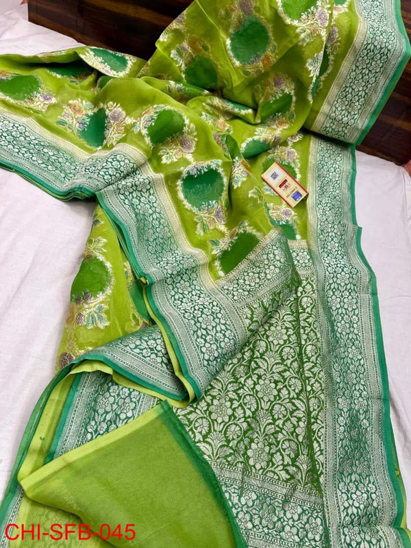 Pure Banarasi Handloom Khaddi Georgette Silk Saree With Water Zari Work ( length- 6.3 meter )