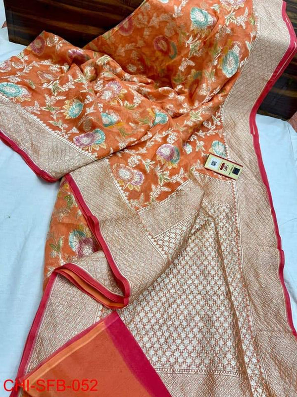 Pure Banarasi Handloom Khaddi Georgette Silk Saree With Water Zari Work ( length- 6.3 meter )