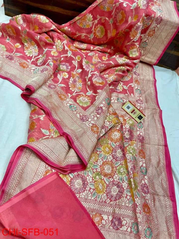 Pure Banarasi Handloom Khaddi Georgette Silk Saree With Water Zari Work ( length- 6.3 meter )