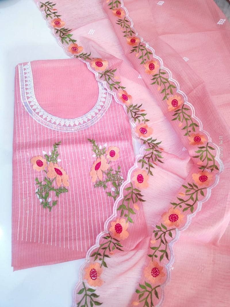 Pure Cotton Kota Doriya Embroidery Unstitched Suit With Dupatta