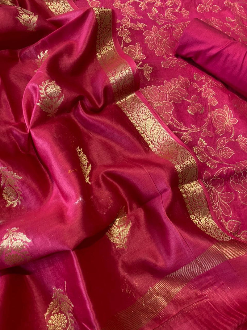 Pure Banarsi Silk Chanderi Light Zari Weaved Unstitched Suit With Banarsi Silk Buti Weaved Dupatta.