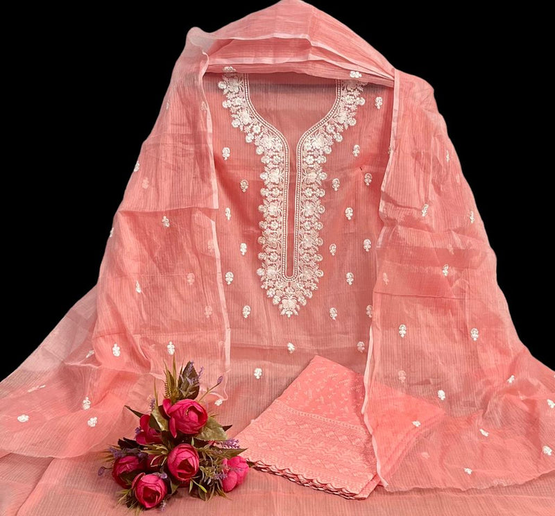 Pure Kota Doriya Embroidery Work Unstitched Suits With Kota Doriya Dupatta & Chikankari Bottom .