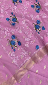 Pure Banarasi Chanderi Silk Cotton Alfi Zari Buti Weaved Unstitched Suit With Organza Embroidery Dupatta.