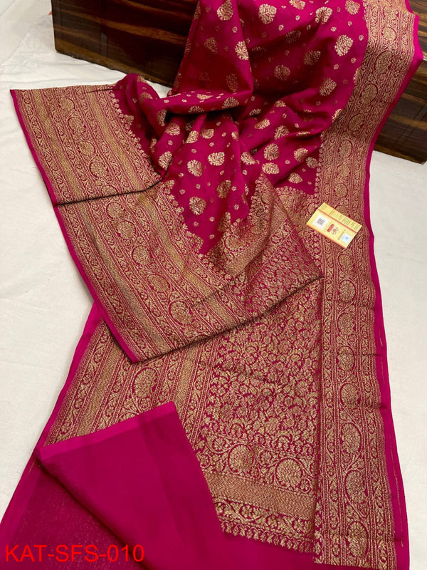 Pure Banarasi Handloom Khaddi Georgette Silk Saree With Zari Work ( length- 6.3 meter )