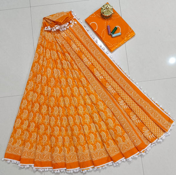 Pure Hand Block Cotton Sarees With Blouse