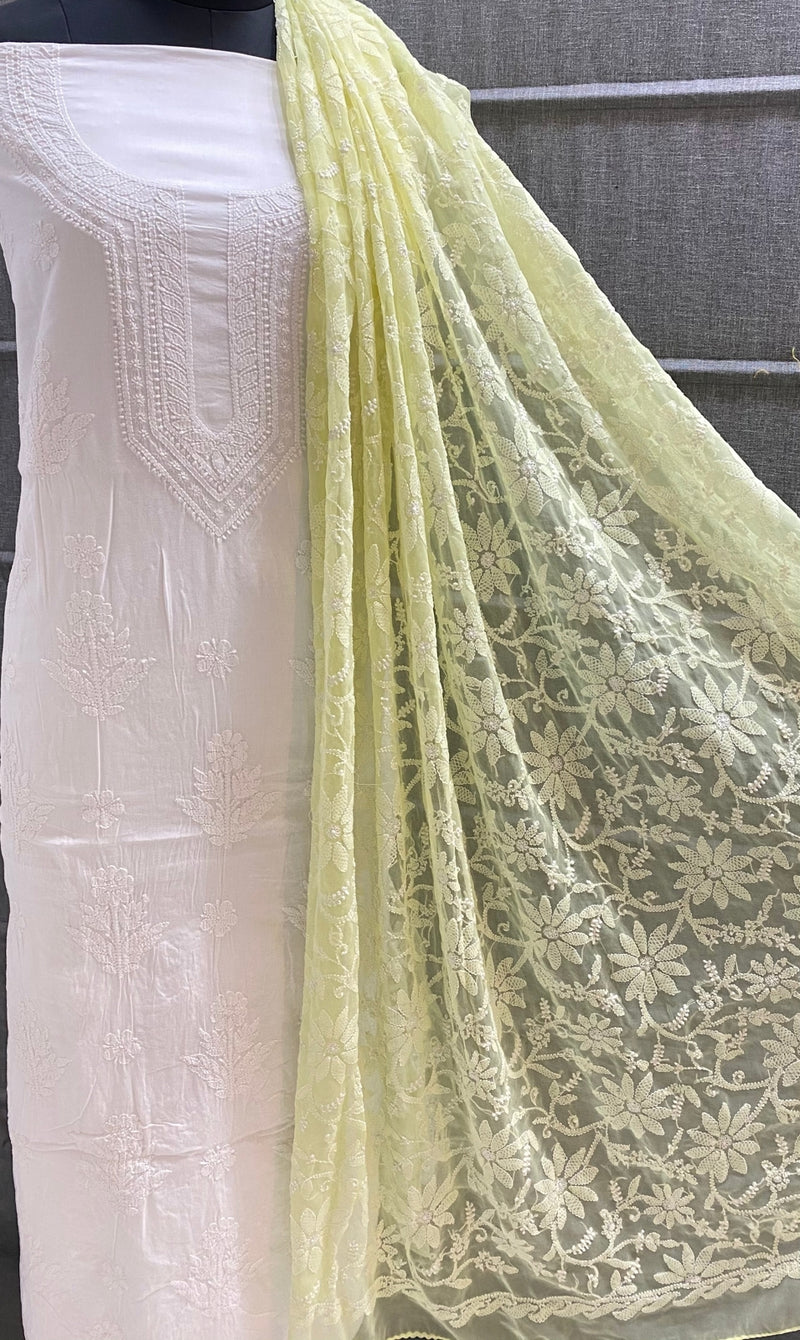 Pure MulMul Cotton Chikankari Unstitched Suit Chikankari Hand Embroidery Jaal Dupatta