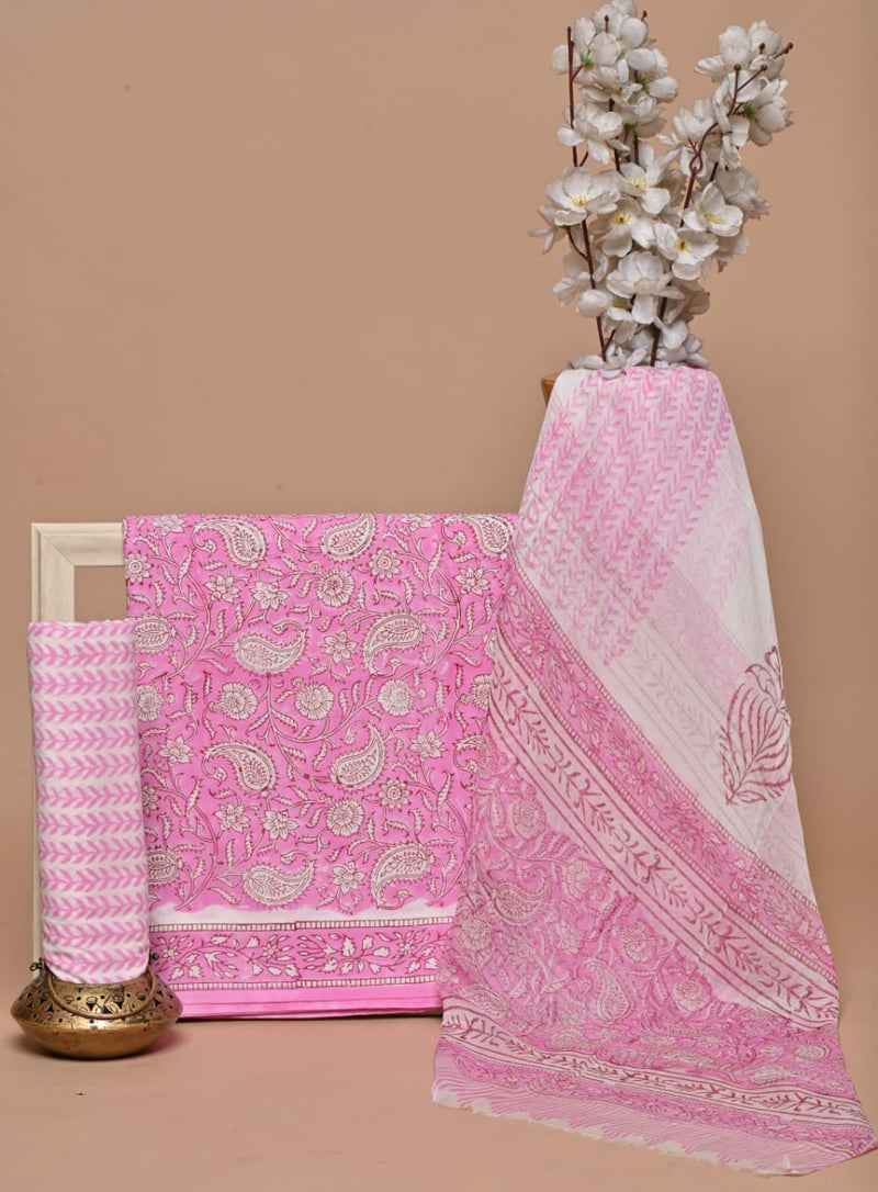 Pure Cotton Hand Block Print Unstitched Suit With Chiffon Dupatta.