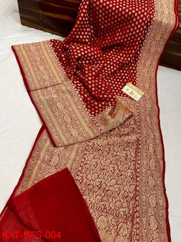 Pure Banarasi Handloom Khaddi Georgette Silk Saree With Zari Work ( length- 6.3 meter )