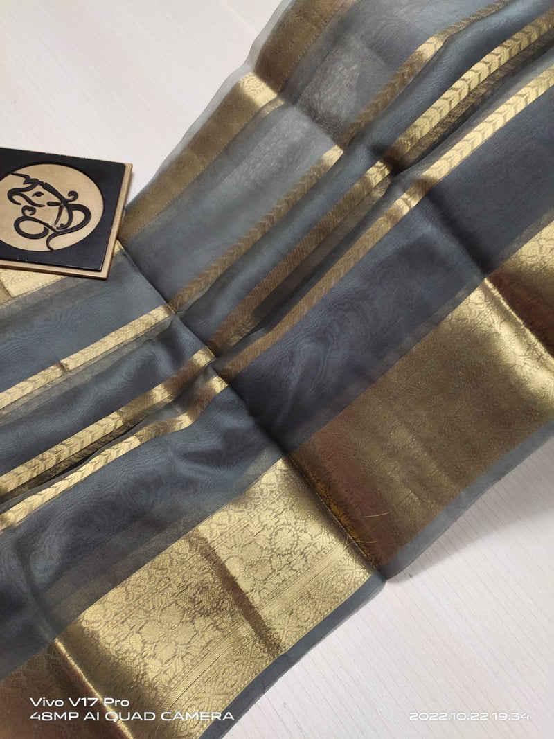 Semi Kora Organza Zari Stripe Silk Saree With Blouse