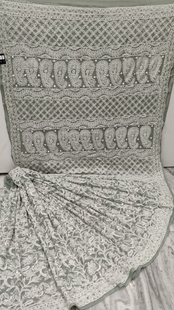 Pure Georgette Chikankari Full Jaal Work Hand Embroidery Saree with Blouse.