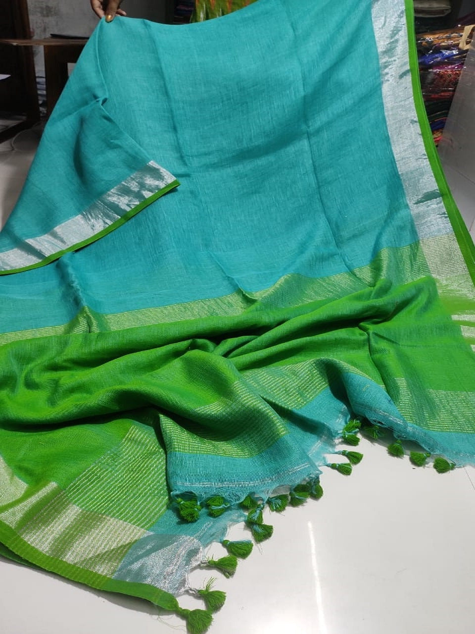 Bhagalpuri Handloom Pure Linen Saree With Embroidery Work-Pastel Green