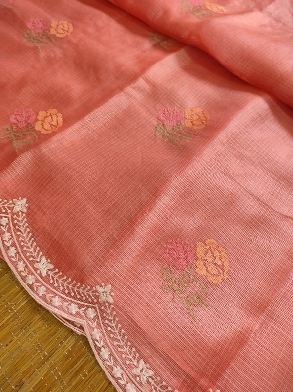 Pure Banarsi Tussar Silk Kota Embroidery Cutwork With Buta Work Saree .