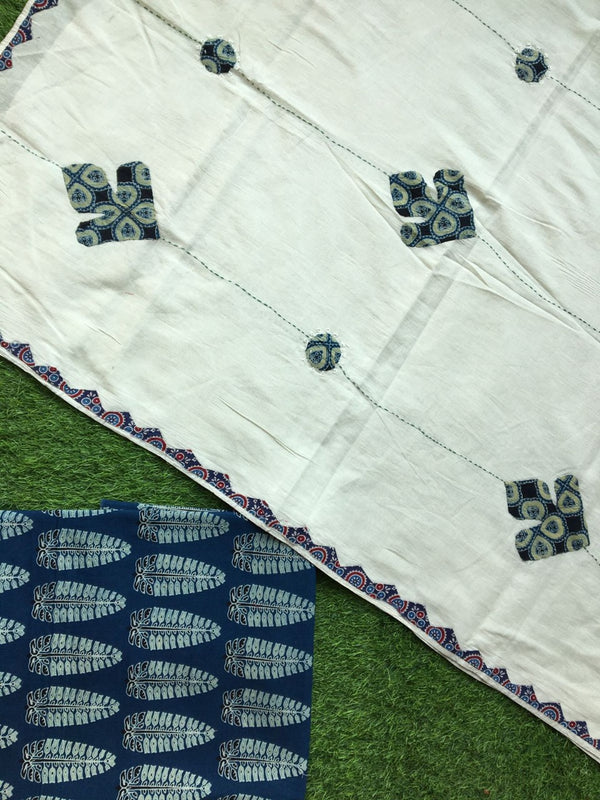 Pure Cotton Hand Block Azrak Print Unstitched Suit With Hand Work Azrak Patch Work Dupatta (With Out Bottom)