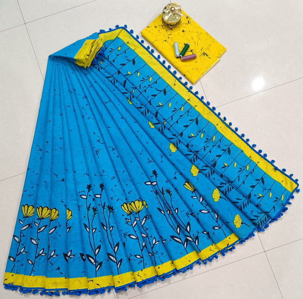 Pure Hand Block Cotton Sarees With Blouse