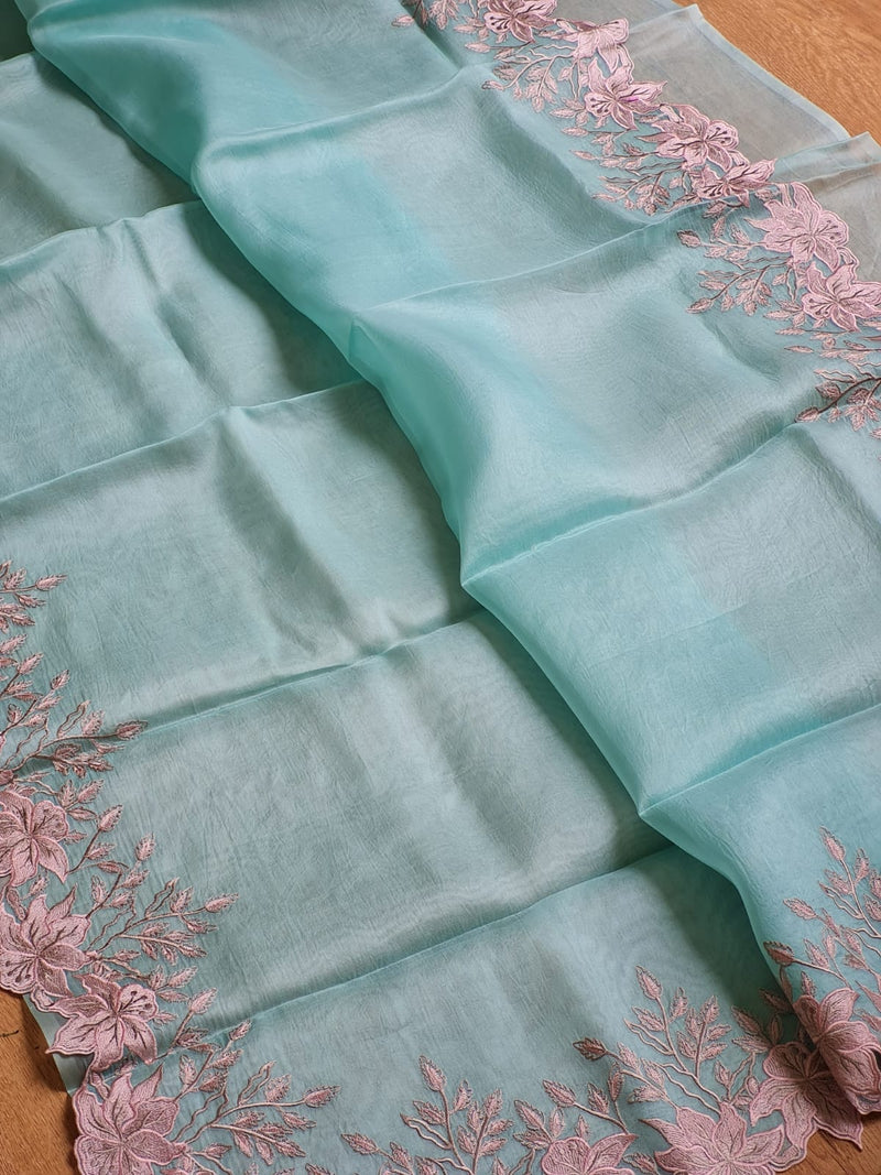 Pure Organza Silk Embroidery Alfi Cutwork Border Saree .