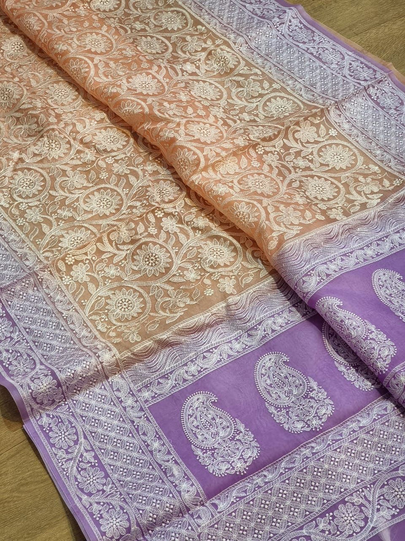 Pure Organza Chikankari Handwork Saree With Plain Blouse.