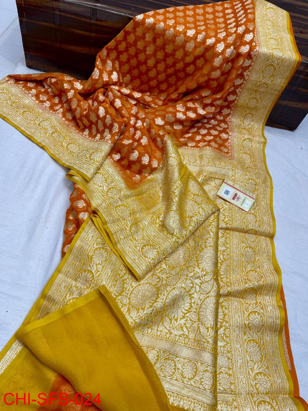 Pure Banarasi Handloom Khaddi Georgette Silk Saree With Zari Work ( length- 6.3 meter )