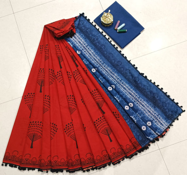 Pure Hand Block Cotton Sarees With Blouse