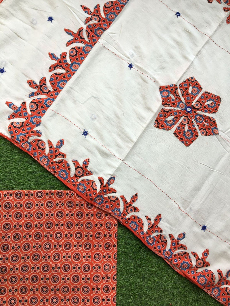 Pure Cotton Hand Block Azrak Print Unstitched Suit With Hand Work Azrak Patch Work Dupatta (With Out Bottom)