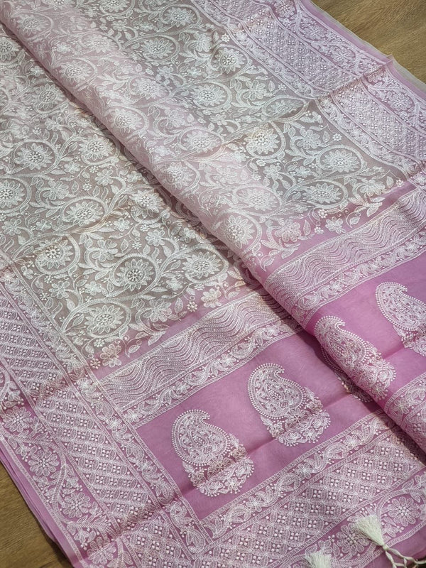 Pure Organza Chikankari Handwork Saree With Plain Blouse.