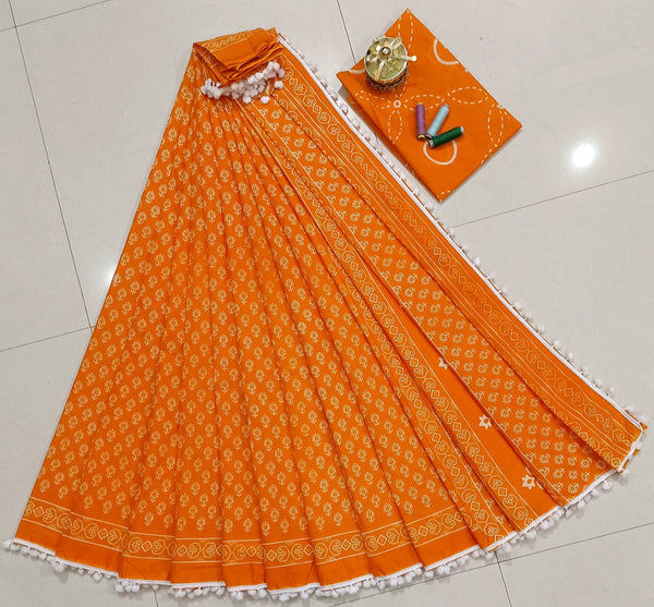 Pure Hand Block Cotton Sarees With Blouse