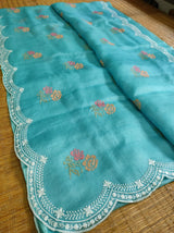 Pure Banarsi Tussar Silk Kota Embroidery Cutwork With Buta Work Saree .