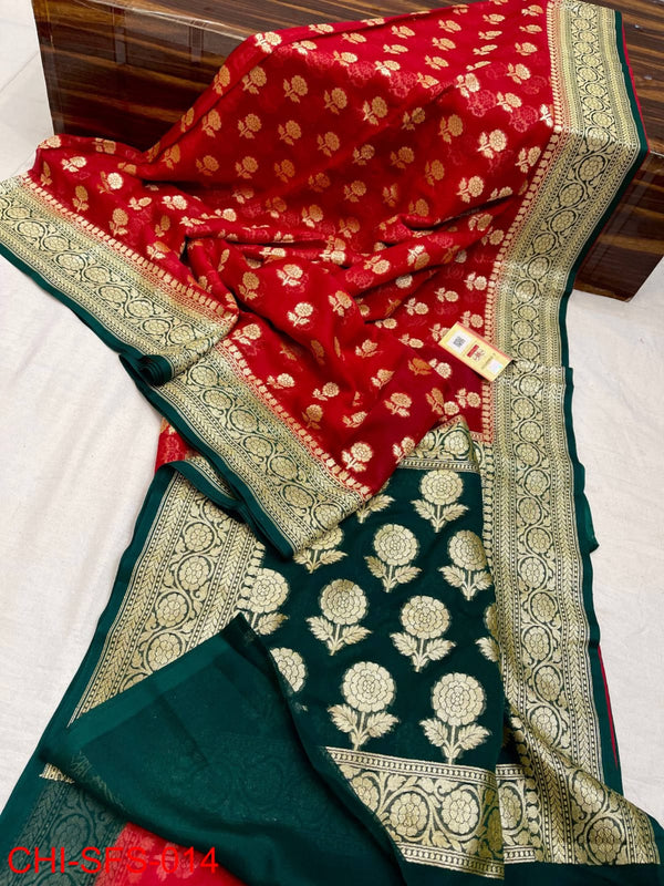 Pure Banarasi Handloom Khaddi Georgette Silk Saree With Zari Work ( length- 6.3 meter )