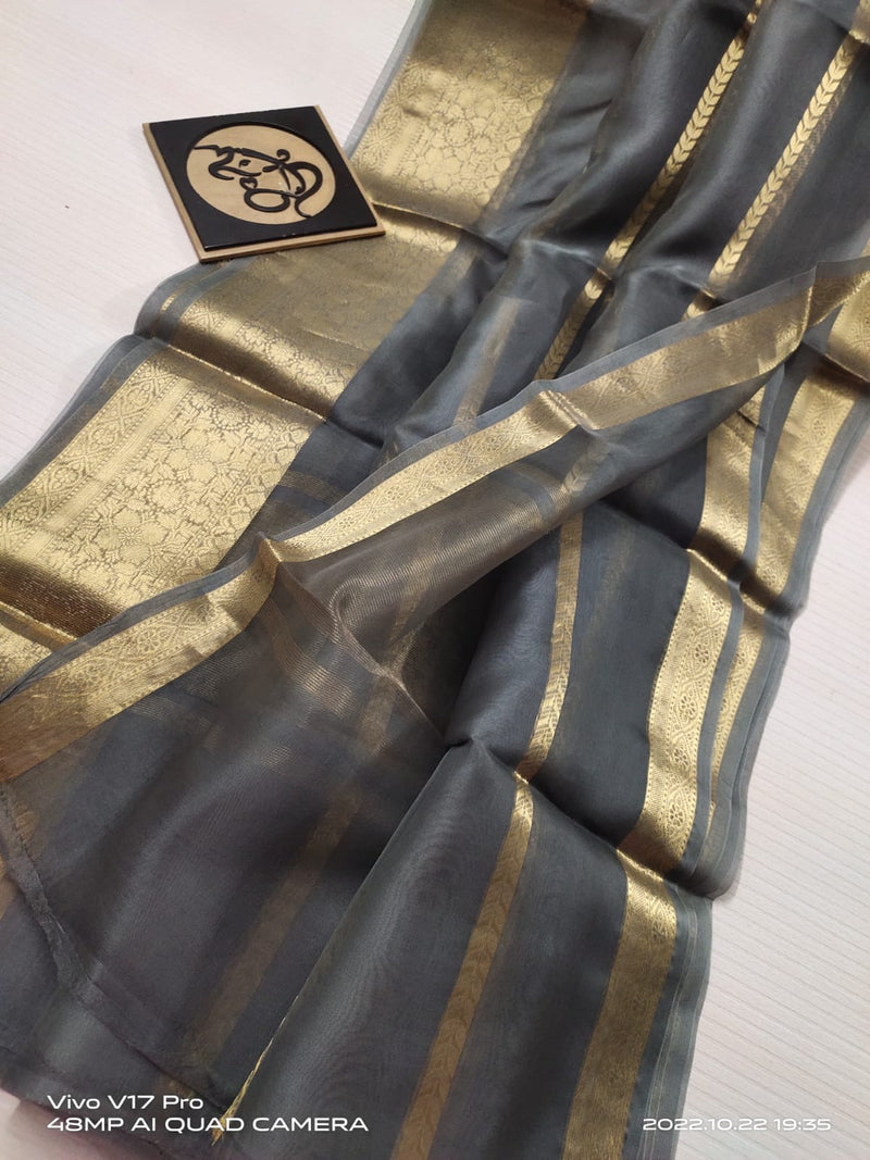 Semi Kora Organza Zari Stripe Silk Saree With Blouse