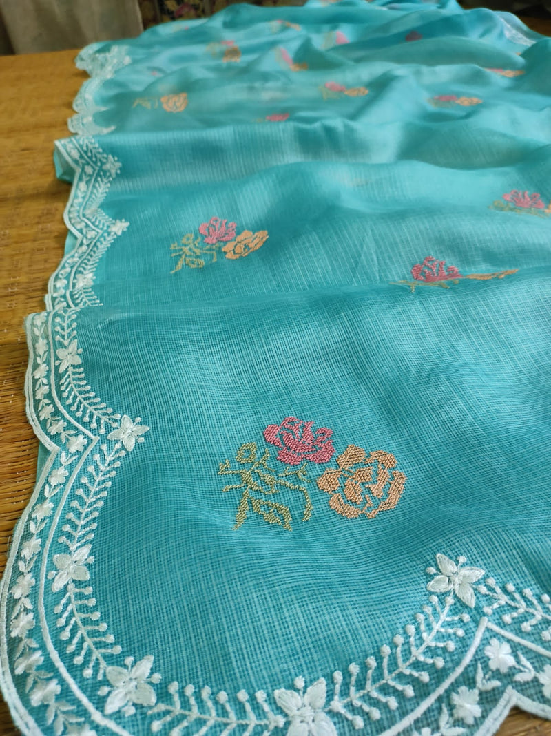 Pure Banarsi Tussar Silk Kota Embroidery Cutwork With Buta Work Saree .