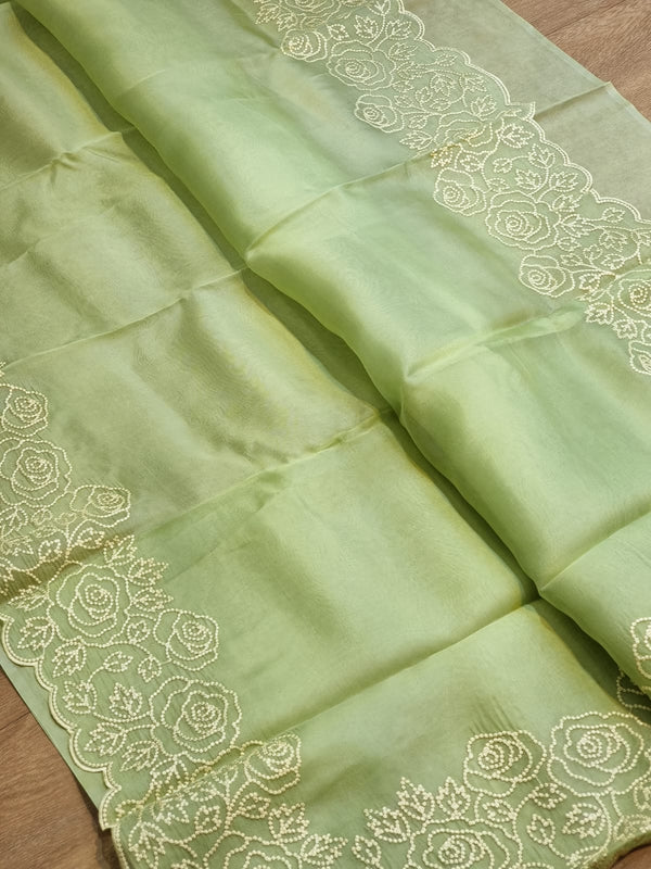 Pure Organza Silk Pearl Embroidery Cutwork Border Saree .