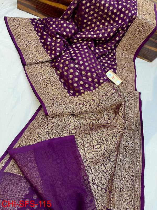 Pure Banarasi Handloom Khaddi Georgette Silk Saree With Zari Work ( length- 6.3 meter )