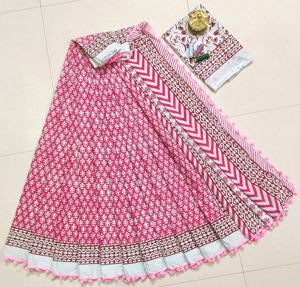 Pure Hand Block Cotton Sarees With Blouse