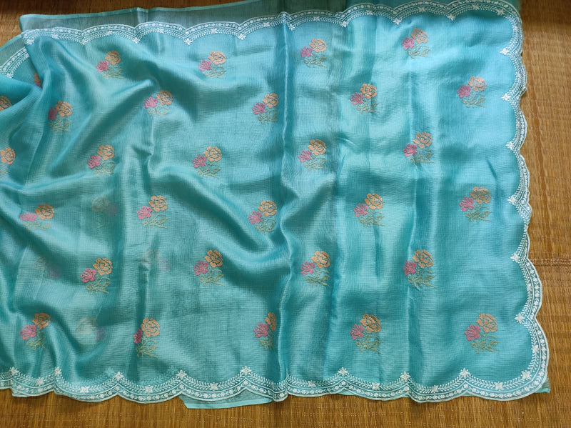 Pure Banarsi Tussar Silk Kota Embroidery Cutwork With Buta Work Saree .