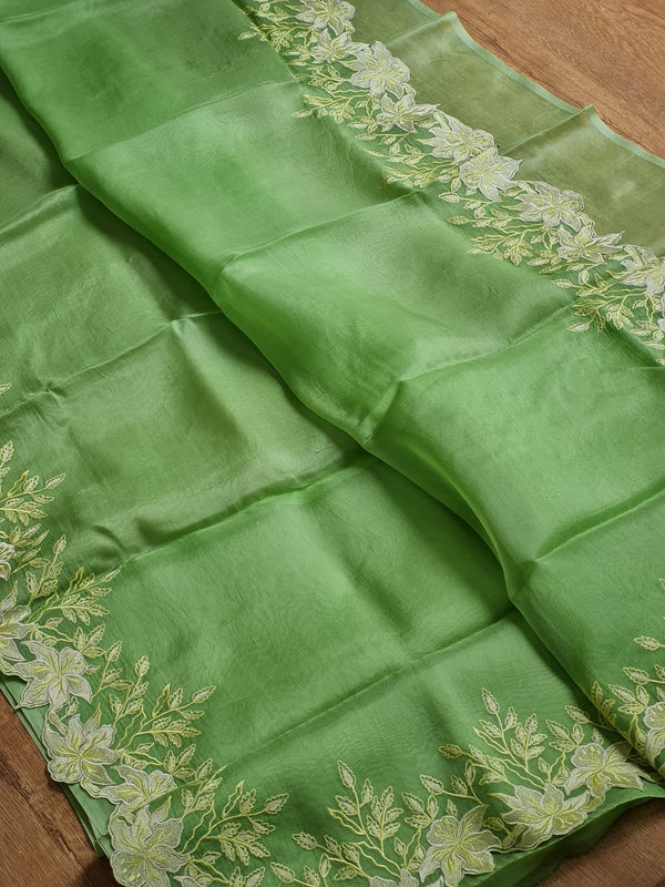 Pure Organza Silk Embroidery Alfi Cutwork Border Saree .