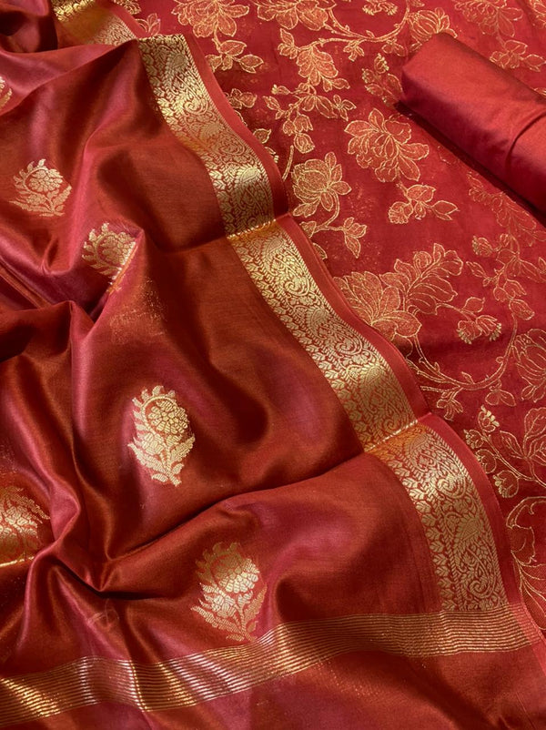 Pure Banarsi Silk Chanderi Light Zari Weaved Unstitched Suit With Banarsi Silk Buti Weaved Dupatta.