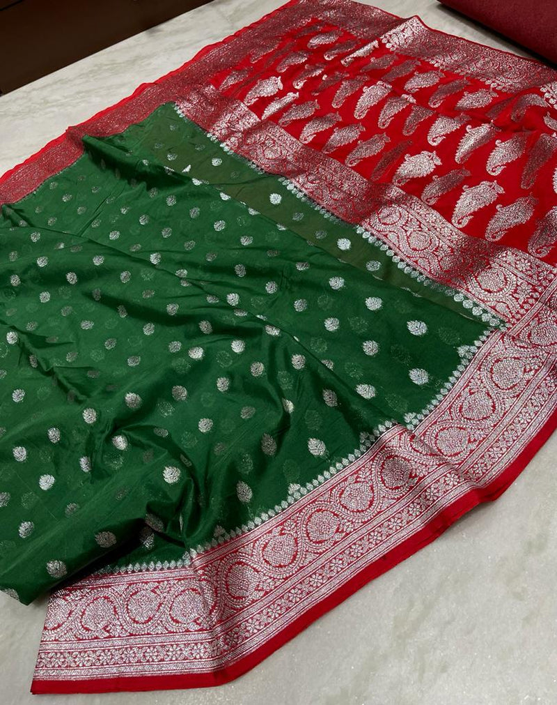 Pure Banarasi Handloom Semi Katan By Katan Silk Saree With Silver Zari Work With Contrast Pallu & Border